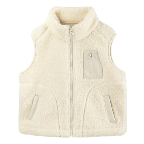 ANIMQUE Kleinkind Kinder Polarfleece Weste Verdicken Kinder Stehkragen Reißverschluss Ärmellose Jacke Eltern-Kind Herbst Winter Oberteile Oberbekleidung mit Taschen, Beige 130 von ANIMQUE
