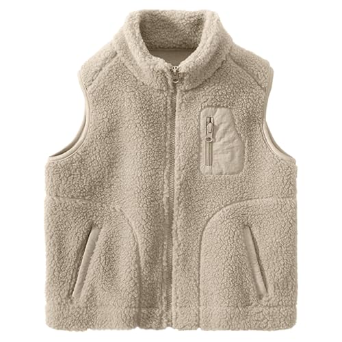 ANIMQUE Kleinkind Kinder Polarfleece Weste Verdicken Kinder Stehkragen Reißverschluss Ärmellose Jacke Eltern-Kind Herbst Winter Oberteile Oberbekleidung mit Taschen, Khaki 160 von ANIMQUE