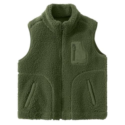 ANIMQUE Kleinkind Kinder Polarfleece Weste Verdicken Kinder Stehkragen Reißverschluss Ärmellose Jacke Eltern-Kind Herbst Winter Oberteile Oberbekleidung mit Taschen, Olivgrün 110 von ANIMQUE