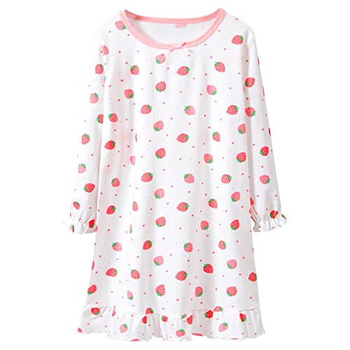 ANIMQUE Mädchen Nachthemd Baumwolle Langarm Schlafanzug Kleid Kinder Niedlich Erdbeere Rundhals Familien Nachtwäsche 2-16 Jahre, Klein Erdbeer Weiß 175 von ANIMQUE