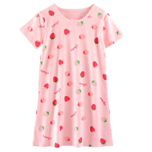 ANIMQUE Mädchen Nachthemd Sommer Kurzarm Kleid Pyjama Baby Kinder Süss Erdbeere Drucken Zuhause Nachtwäsche 1–10 Jahre, Rosa Erdbeere 150 von ANIMQUE