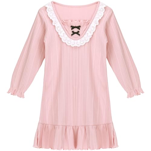 ANIMQUE Mädchen Nachthemden Baumwolle Kinder Spitze Prinzessin Sleepwear Langarm Rüschenkleid Elternteil-Kind Lässige Familien Schlafanzug, Rosa 160 von ANIMQUE