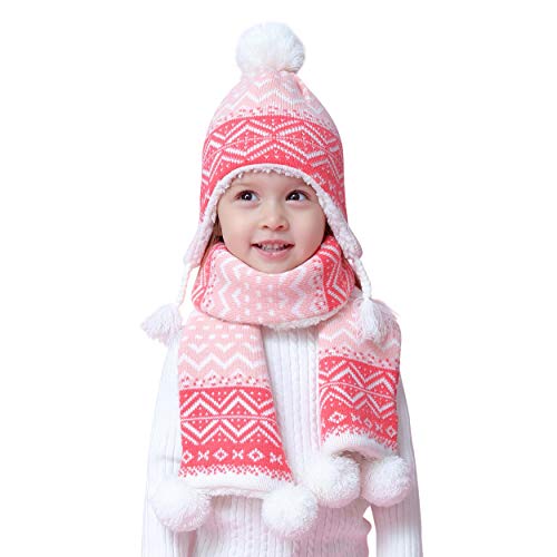 ANIMQUE Mädchen Stricke Mütze Schal Fleece Gefüttert 2er Pack Set Winter Kinder Baby 4-8 Jahre Thermal Pom Pom Beanie Hut Halstuch Bohemien Rosa, XXL von ANIMQUE