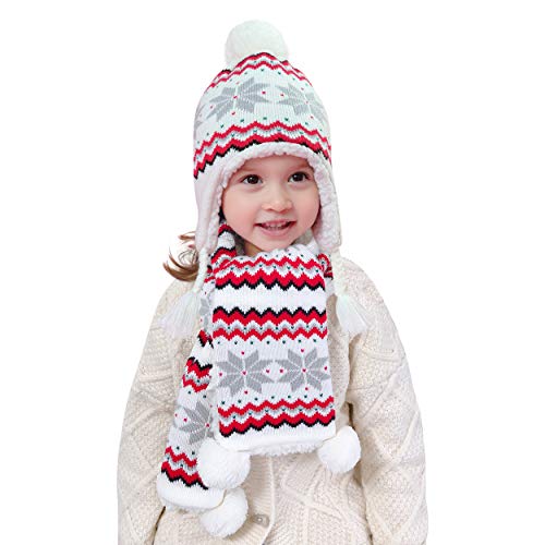 Mädchen Winter Mütze Schal 2stk Set Fleece Gefüttert 2-3 Jahre Kinder Baby Süß und Lieblich Pom Pom Thermal Wintermütze mit Ohrenklappen Stricke Halstuch Schneeflocke Weiß, Kopfumfang 48-50cm Gr.L von ANIMQUE