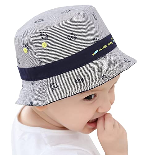 ANIMQUE Unisex Baby Doppelseitig Eimerhut Baumwolle Frühling Sommer Hut Kleinkind Nadelstreifen Lustige Roboter Fischerhut 0-7 Jahre, Marineblau Grau 52cm von ANIMQUE