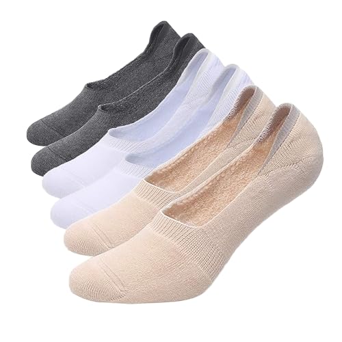 ANIMQUE Unisex No Show Socken Baumwolle Invisible Anti-Rutsch Kurze Socken Niedrig Geschnitten Frottee Liners Mann Damen Einfache Basic Unsichtbarer Halbsocken, Weiß Dunkelgrau Apricot L von ANIMQUE