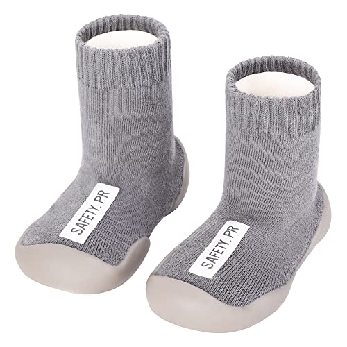 ANIMQUE Winter Dicke Lauflernschuhe Hausschuhe Anti Rutsch Baby Kinder Socken Schuhe Krabbelschuhe rutschfest Sohle Weich 26/27, Grau von ANIMQUE