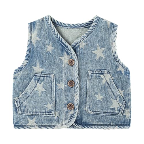 Baby Kleinkind Denim Weste Retro Frühling Herbst Ärmellose Jacke Jungen Mädchen Knopf Sterne Mantel Top mit Taschen, Blau 90 von ANIMQUE