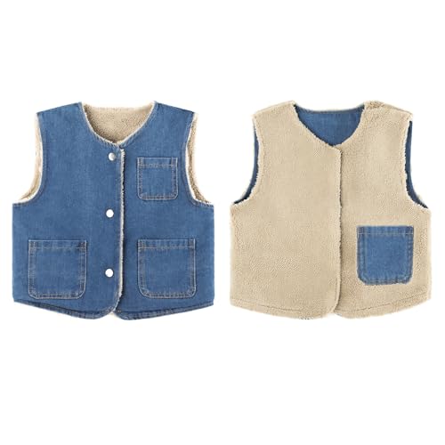 Baby Kleinkind Doppelseitige Weste Verdickter Denim Winter Ärmellose Jacke Jungen Mädchen Warmer Mantel Druckknöpfen mit Taschen, Blau 120 von ANIMQUE