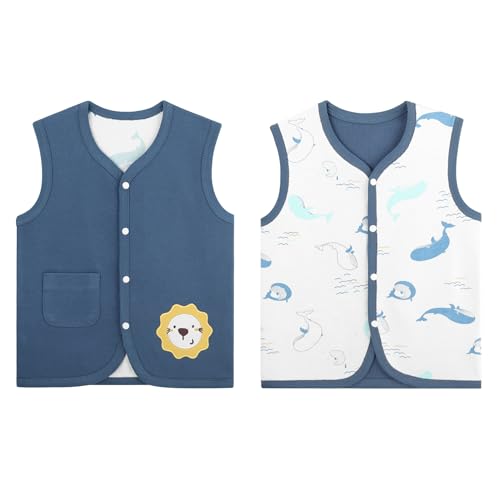 Baby Kleinkind Kinder Baumwoll Westen Doppelseitig Ärmellose Jacke Kinderweste mit Druckknopf Frühling Herbst, Löwe Blau 90 von ANIMQUE