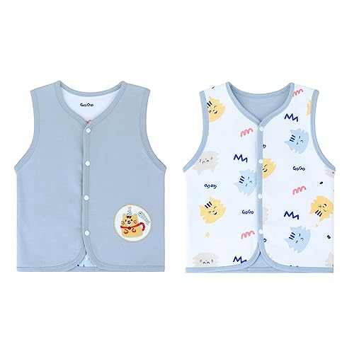 Baby Kleinkind Kinder Doppelseitig Westen Frühling Herbst Baumwoll Dünn Ärmellose Jacke Kinderweste mit Druckknopf mit Cartoon Muster, Tiger Blau 90 von ANIMQUE