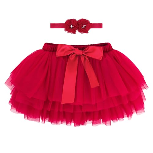 Baby Kleinkind Mädchen Tutu Rock Prinzessin Rock Mini Tiered Super Soft Tüllrock 0-6 Monate Elastische Taille Ballett Tanzrock mit Windelüberzug + Stirnband, Rot S von ANIMQUE