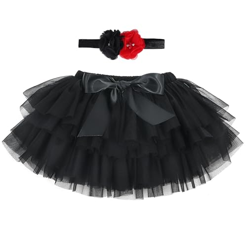 Baby Kleinkind Mädchen Tutu Rock Prinzessin Rock Mini Tiered Super Soft Tüllrock 0-6 Monate Elastische Taille Ballett Tanzrock mit Windelüberzug + Stirnband, Schwarz S von ANIMQUE