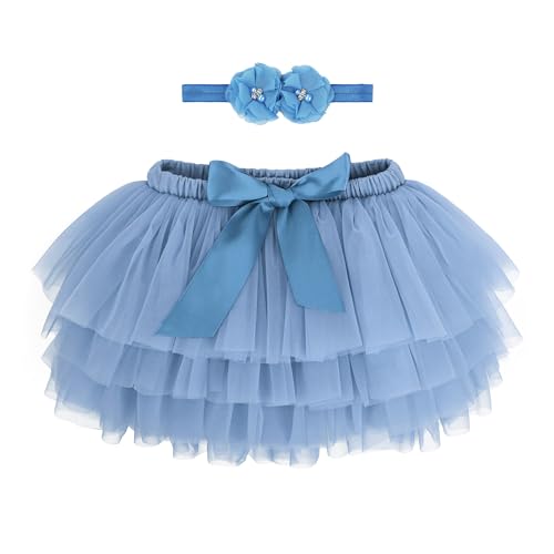 Baby Kleinkind Mädchen Tutu Rock Prinzessin Rock Mini Tiered Super Soft Tüllrock 0-6 Monate Elastische Taille Ballett Tanzrock mit Windelüberzug + Stirnband, Staubiges Blau S von ANIMQUE
