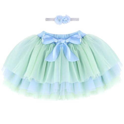 Baby Kleinkind Mädchen Tutu Rock Prinzessin Rock Mini Tiered Super Soft Tüllrock 1-2 Jahre Kinder Elastische Taille Ballett Tanzrock mit Windelüberzug + Stirnband, Grün Blau L von ANIMQUE