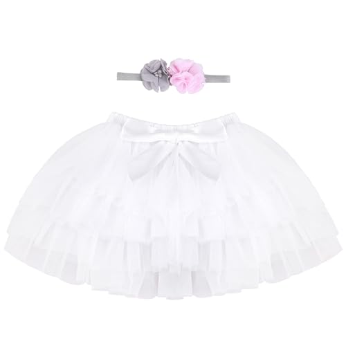 Baby Kleinkind Mädchen Tutu Rock Prinzessin Rock Mini Tiered Super Soft Tüllrock 1-2 Jahre Kinder Elastische Taille Ballett Tanzrock mit Windelüberzug + Stirnband, Weiß L von ANIMQUE