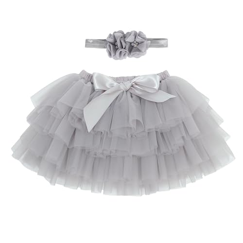 Baby Kleinkind Mädchen Tutu Rock Prinzessin Rock Mini Tiered Super Soft Tüllrock 6-12 Monate Elastische Taille Ballett Tanzrock mit Windelüberzug + Stirnband, Grau M von ANIMQUE