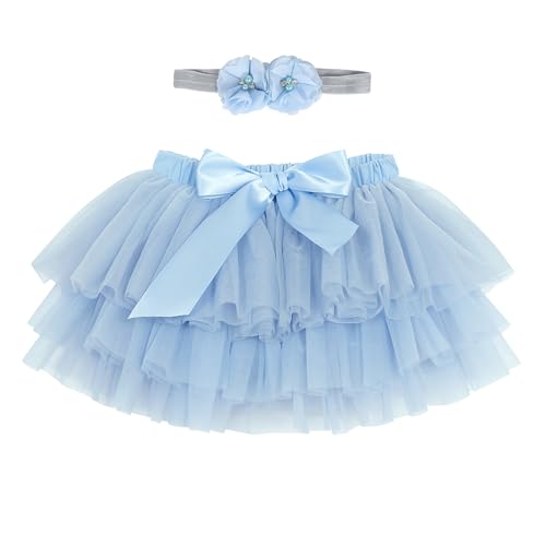 Baby Kleinkind Mädchen Tutu Rock Prinzessin Rock Mini Tiered Super Soft Tüllrock 6-12 Monate Elastische Taille Ballett Tanzrock mit Windelüberzug + Stirnband, Hellblau M von ANIMQUE