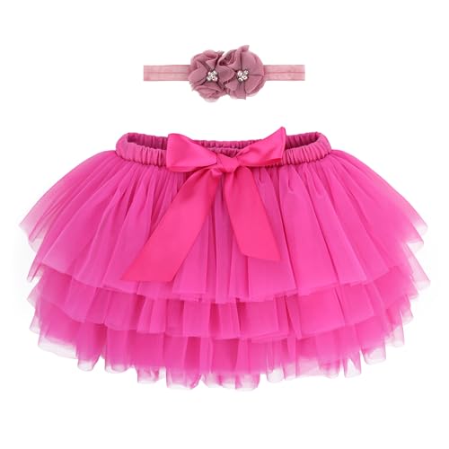 Baby Kleinkind Mädchen Tutu Rock Prinzessin Rock Mini Tiered Super Soft Tüllrock 6-12 Monate Elastische Taille Ballett Tanzrock mit Windelüberzug + Stirnband, Magenta M von ANIMQUE