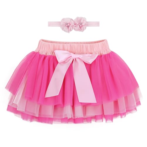 Baby Kleinkind Mädchen Tutu Rock Prinzessin Rock Mini Tiered Super Soft Tüllrock 6-12 Monate Elastische Taille Ballett Tanzrock mit Windelüberzug + Stirnband, Magenta Rosa M von ANIMQUE