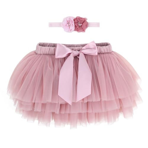 Baby Kleinkind Mädchen Tutu Rock Prinzessin Rock Mini Tiered Super Soft Tüllrock 6-12 Monate Elastische Taille Ballett Tanzrock mit Windelüberzug + Stirnband, Staubige Rose M von ANIMQUE