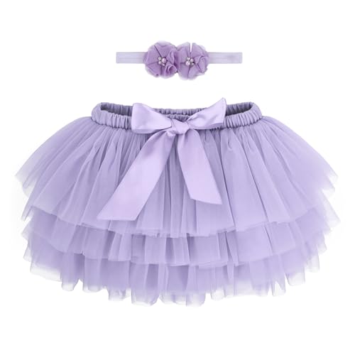Baby Kleinkind Mädchen Tutu Rock Prinzessin Rock Mini Tiered Super Soft Tüllrock 6-12 Monate Elastische Taille Ballett Tanzrock mit Windelüberzug + Stirnband, Violett M von ANIMQUE