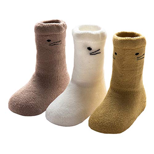 ANIMQUE Baby Winter Socken Dicke Cartoon Tiere 0-6 Monate Neugeborene Kleinkind Jungen Mädchen Baumwolle Söckchen Warm 3er Pack (MM-B) von ANIMQUE