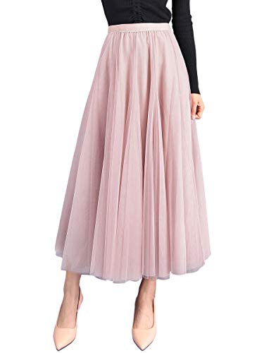 Damen Rock Sommer Langer Tüllrock A-Linie Faltenrock 83cm Länge Knöchellang Hoher Bund Schick Maxirock Elastisch Taille, Rosa von ANIMQUE