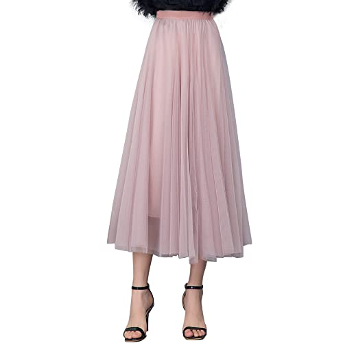 Damen Tüllrock Midi Faltenrock 78cm Länge Hoher Bund Schick Rock Elastisch Taille Drapiert Stoff, Rosa von ANIMQUE