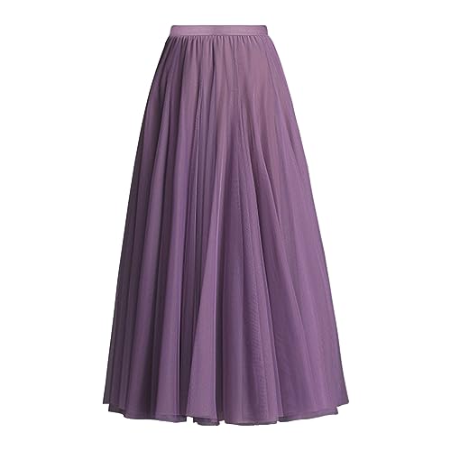 Damen Tüllrock Midi Faltenrock 78cm Länge Hoher Bund Schick Rock Elastisch Taille Drapiert Stoff, Violett von ANIMQUE