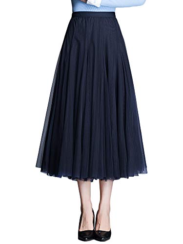 Damen Tüllrock Midi Faltenrock 78cm Länge Hoher Bund Schick Rock Elastisch Taille Drapiert Stoff, Marineblau von ANIMQUE