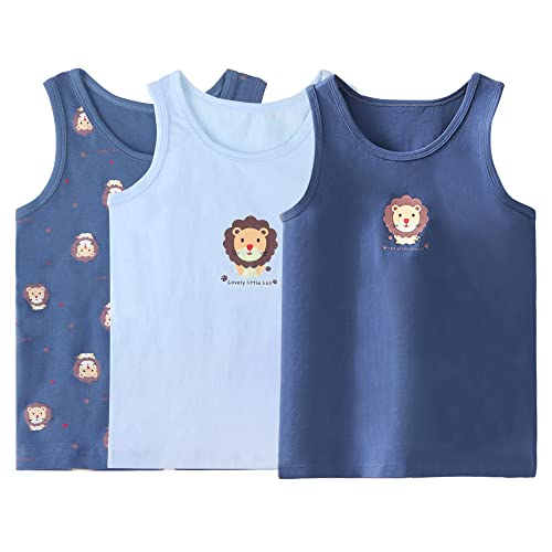 Jungs Unterhemden Tank Top 3er-Pack Ärmellos Kinder Breiten Trägern Rundhals Cartoon Löwe Aufdruck Sommer Unterhem 1-10 Jahre, Löwen Blau 100 von ANIMQUE