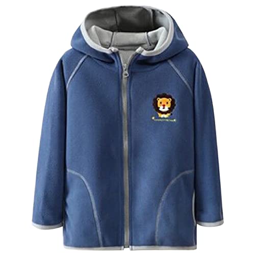 Kinder Jungen Mädchen Polar Fleece Jacke mit Kapuze Reißverschluss Fleecejacke Winter Kleinkind Warm Outerwear Stickerei Löwe, Blau 130 von ANIMQUE