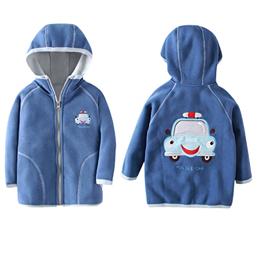 Kinder Jungen Mädchen Polar Fleece Jacke mit Kapuze Reißverschluss Fleecejacke Winter Kleinkind Warm Outerwear Stickerei Polizeiauto, Blau 90 von ANIMQUE