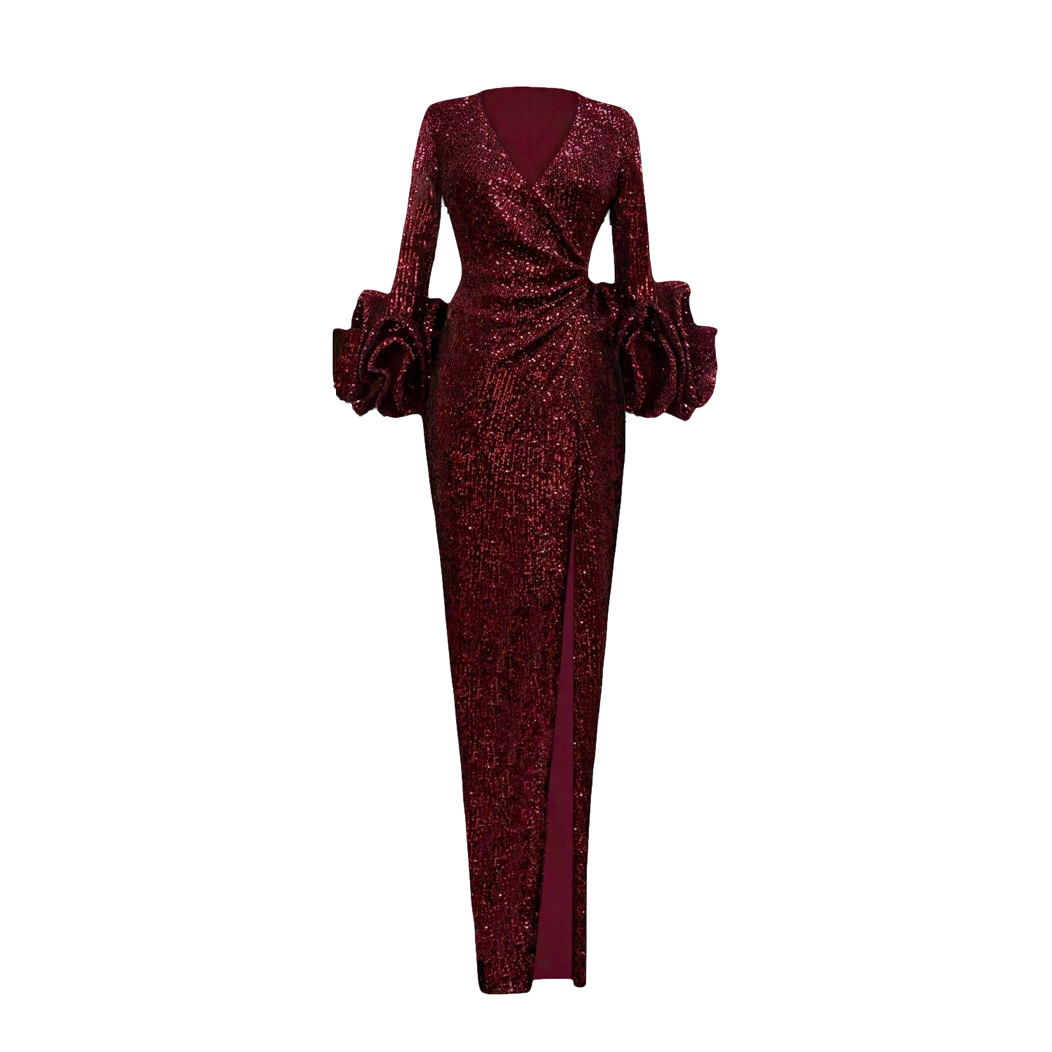 LONG WINE RED SEQUIN WRAP DRESS WITH STATEMENT SLEEVES von ANITABEL