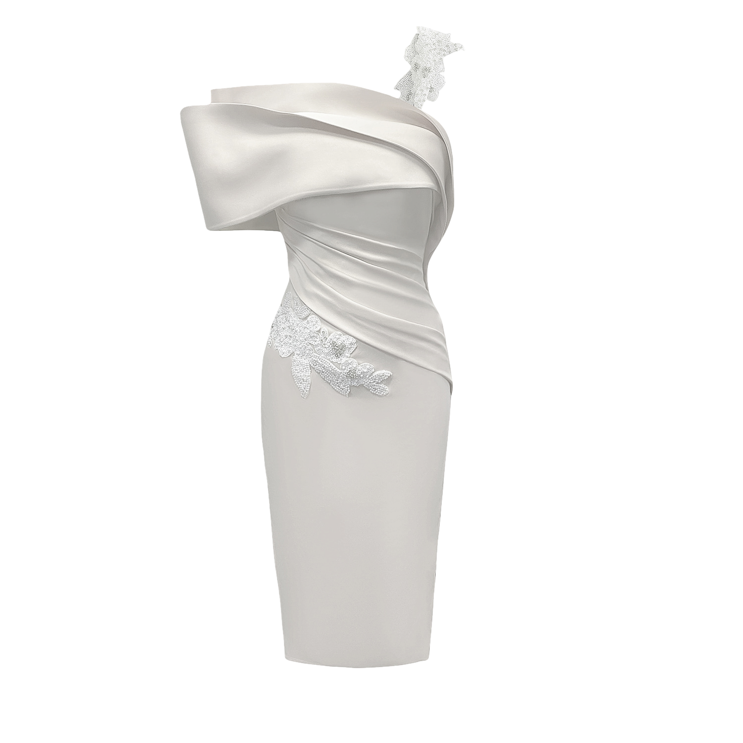 Midi Structured Registry Dress With Pleated and Beaded Waist Detail In Ivory/White von ANITABEL