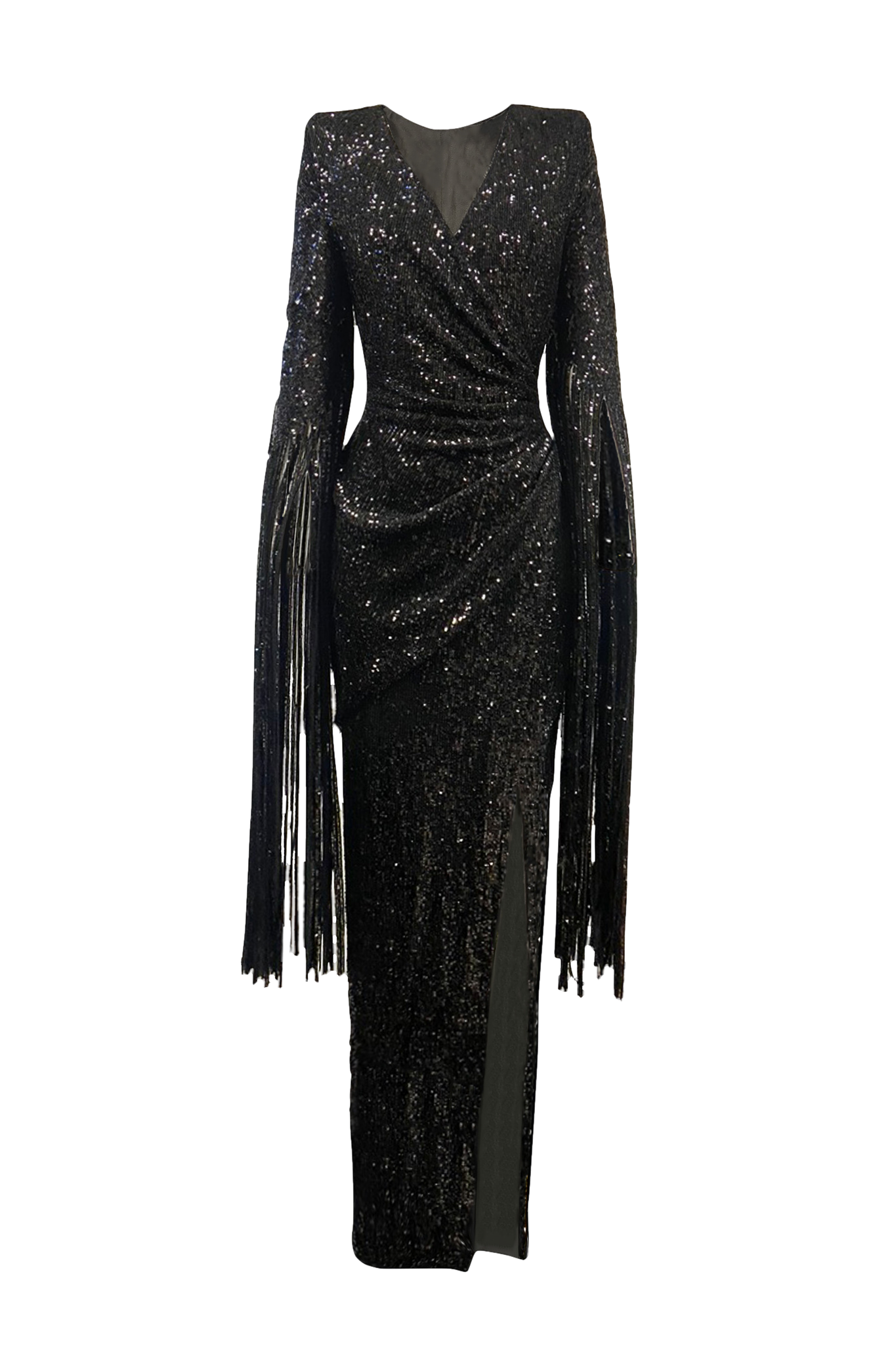 SEQUIN WRAP DRESS WITH LONG FRINGE SLEEVES IN BLACK von ANITABEL