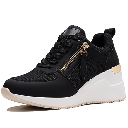 ANJOUFEMME Sneaker mit Keilabsatz Schuhe Damen Schwarz - Turnschuhe mit Absatz Damen, Plateau Sneaker Damen, Plateau Sportschuhe Damen, Wedges Sneaker Damen Keilabsatz Wanderschuhe Traillaufschuhe von ANJOUFEMME