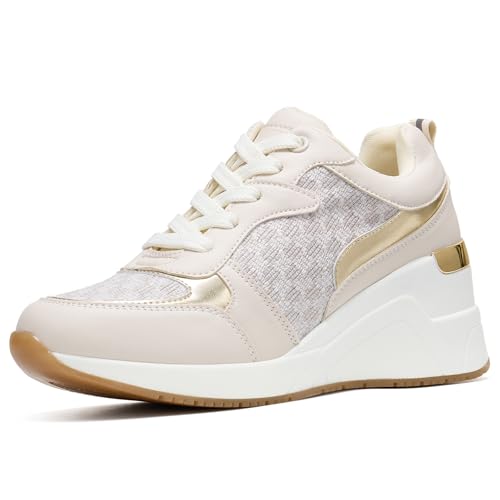 Beige Keilabsatz Turnschuhe für Frauen - Hochhackige Keil Tennisschuhe rutschfest Frauen Mode Turnschuhe W142-FN-DE-BEIGE-39 von ANJOUFEMME