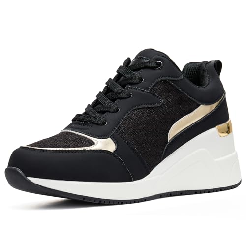 Schwarz Keilabsatz Turnschuhe für Frauen - Hochhackige Keil Tennisschuhe rutschfest Frauen Mode Turnschuhe W142-FN-DE-BLACK-37 von ANJOUFEMME