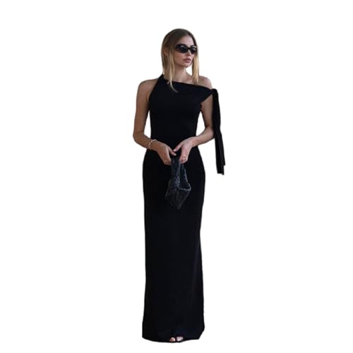 ANKOMINA Damen Elegant Asymmetrischer Kragen Ärmellos One Shoulder Maxikleid Bodycon Party Cocktail Lange Kleider, Schwarz, Klein von ANKOMINA