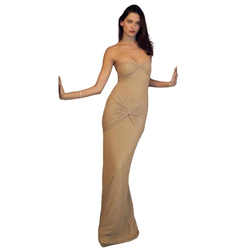 ANKOMINA Damen Elegant Glänzend Pailletten Schulterfrei Maxikleid Glitzer Mesh Gerafft Rückenfrei Bodycon Party Cocktail Kleider, aprikose, Klein von ANKOMINA