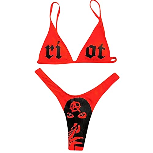 ANKOMINA Damen Gothic Totenkopf Buchstabe bedruckt zweiteiliger Badeanzug High Cut Triangle Bikini Set für Rave Party Festival Halloween, Rot/Ausflug, einfarbig (Getaway Solids), Medium von ANKOMINA