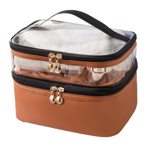 ANKROYU Doppelschicht -Make -up -Beutel wasserdichtem Kosmetikorganisator mit glatten Reißverschlüssen haltbarer Griff für Frauen Mädchen PU Leder PVC 23 x 7 x 16 cm (Schwarz) (Braun) von ANKROYU
