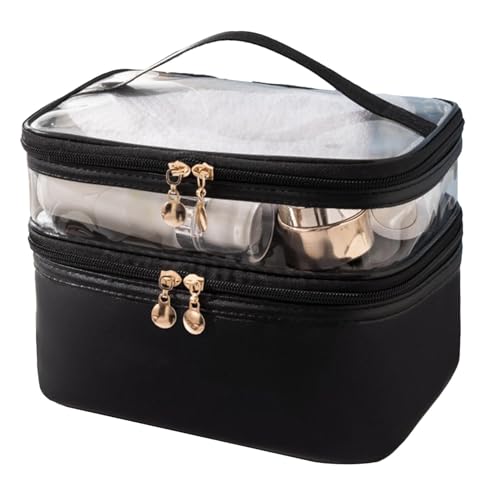 ANKROYU Doppelschicht -Make -up -Beutel wasserdichtem Kosmetikorganisator mit glatten Reißverschlüssen haltbarer Griff für Frauen Mädchen PU Leder PVC 23 x 7 x 16 cm (Schwarz) von ANKROYU