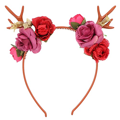 Blumen-Stirnband, Rentier-Geweih-Stirnband, Haarkranz Tier, Hirschgeweih-Blumen-Stirnbänder, Stirnband-Haarspangen, Für Party, Cosplay, Hochzeit, Weihnachten(Rot) von ANKROYU