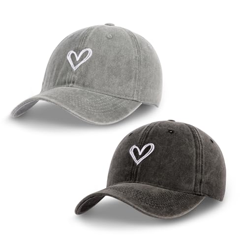 ANLIOTO 2 Pcs Baseball Cap, Verstellbare Baseballkappe mit Herzförmiges Stickmuster, Vintage Baseball Cap für Damen Herren Outdoor Sport von ANLIOTO