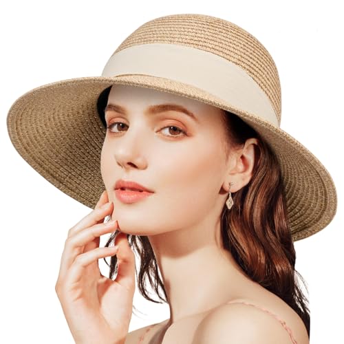 ANLUKE Damen Strohhut Strandhut Breite Krempe Sonnenhut Faltbar Verstellbar UV-Schutz von ANLUKE