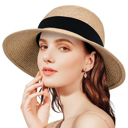 ANLUKE Damen Strohhut Strandhut Breite Krempe Sonnenhut Faltbar Verstellbar UV-Schutz von ANLUKE