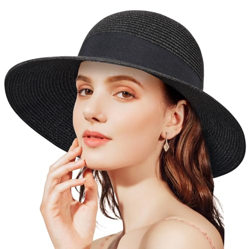 ANLUKE Damen Strohhut Strandhut Breite Krempe Sonnenhut Faltbar Verstellbar UV-Schutz von ANLUKE
